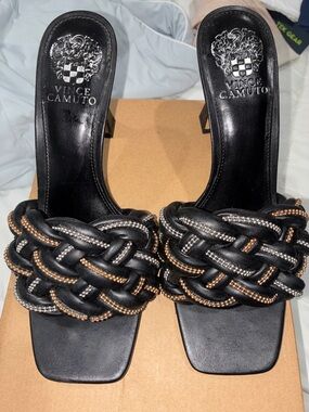 Vince Camuto Black Braided Slide Heels with Silver and Gold Trim